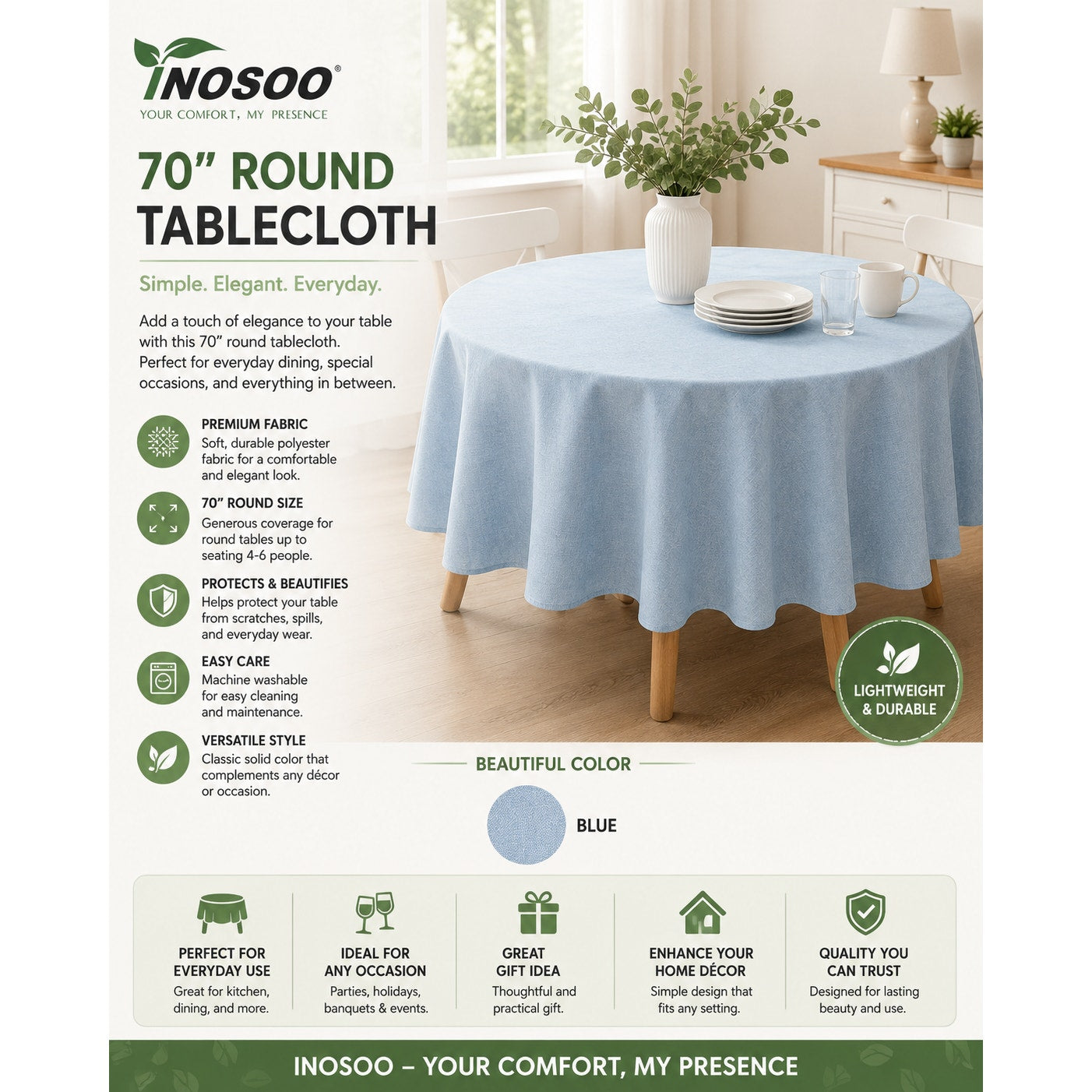 Inosoo NEW Faux Linen 70" Round Tablecloth
