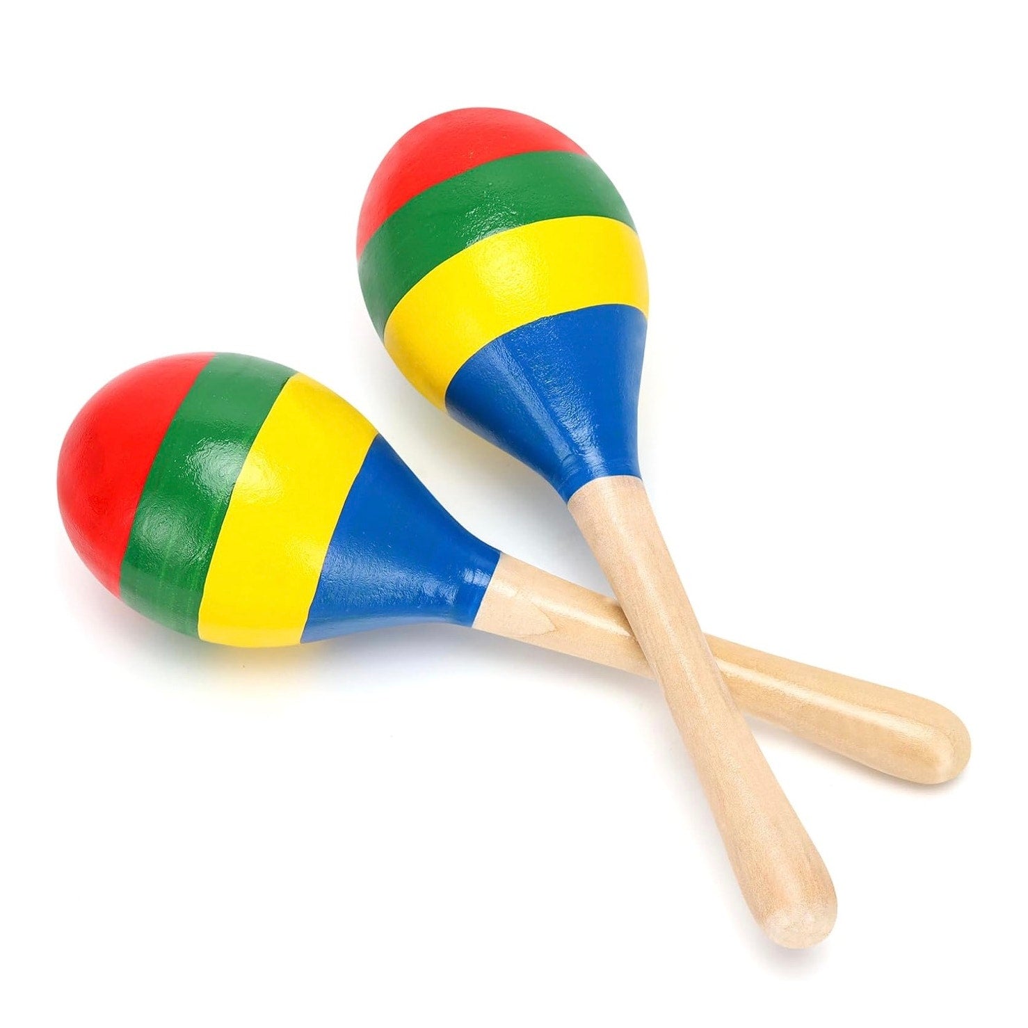 Pair of colorful wooden Latin maracas by Republic Mercantile, with vibrant painted designs and wooden handles.