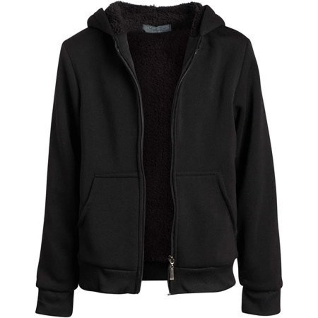 Coney Island boys' black sherpa-lined zip hoodie, size 10-12, featuring a front zipper and cozy fleece interior.