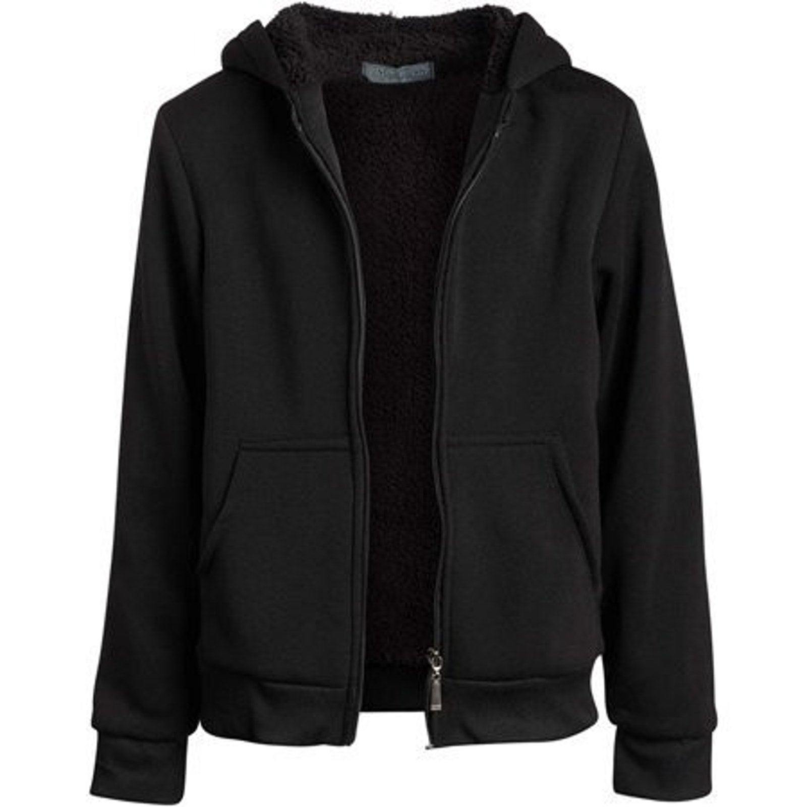Coney Island boys' black sherpa-lined zip hoodie, size 10-12, featuring a front zipper and cozy fleece interior.