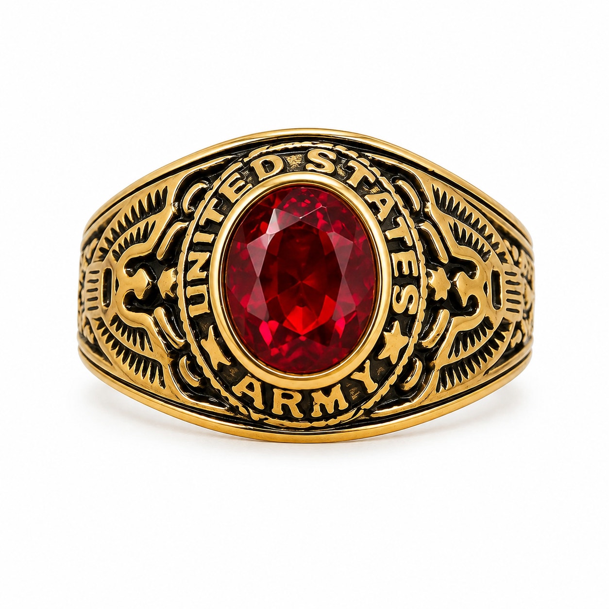 Men's US Army signet ring in red metal, size 9, from Republic Mercantile, featuring military-inspired design and detailed engraving.