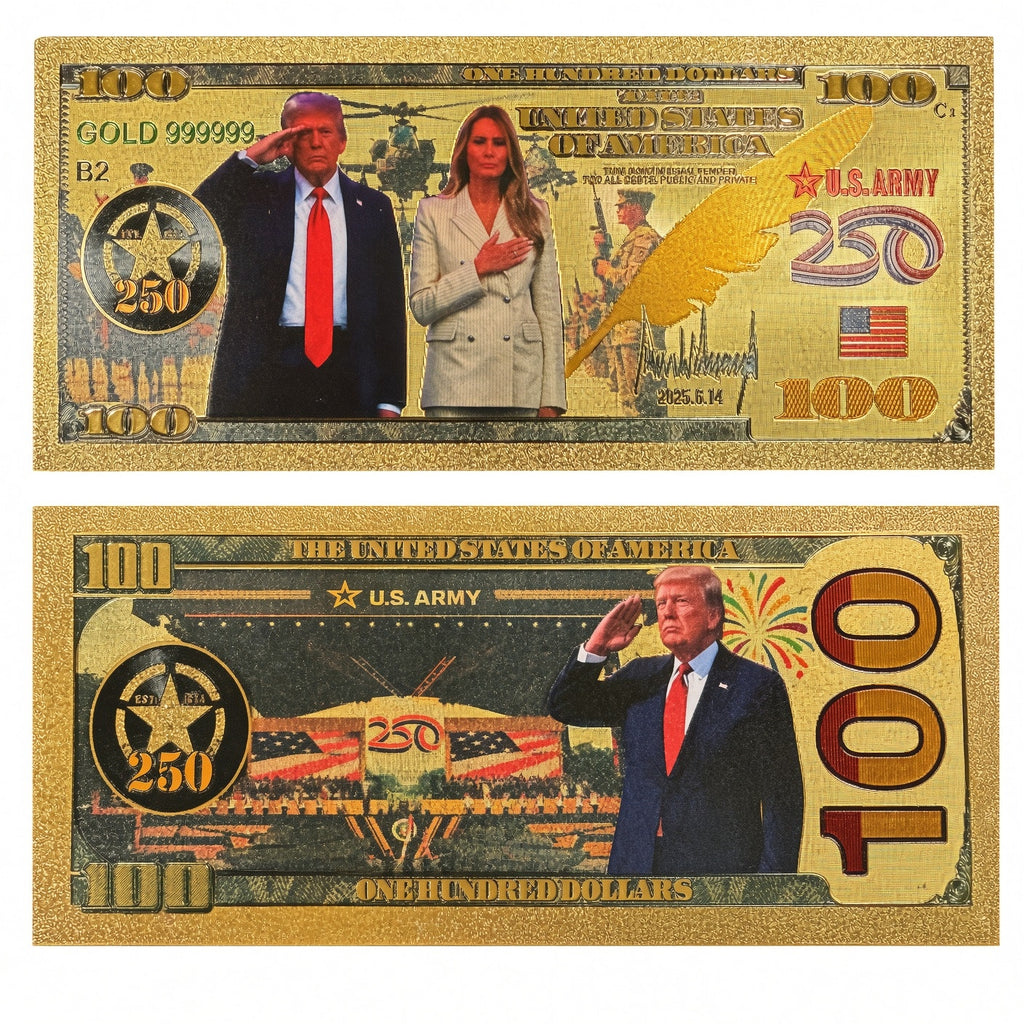 Gold-foil novelty note celebrating 250th anniversary, featuring intricate designs and Republic Mercantile branding.