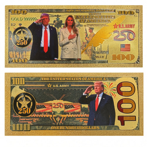 Gold-foil novelty note celebrating 250th anniversary, featuring intricate designs and Republic Mercantile branding.