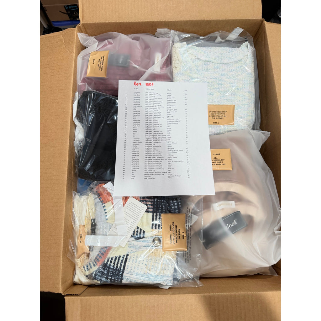 48-piece wholesale lot of new long sleeve blouses and shirts from Republic Mercantile, featuring various styles and colors.