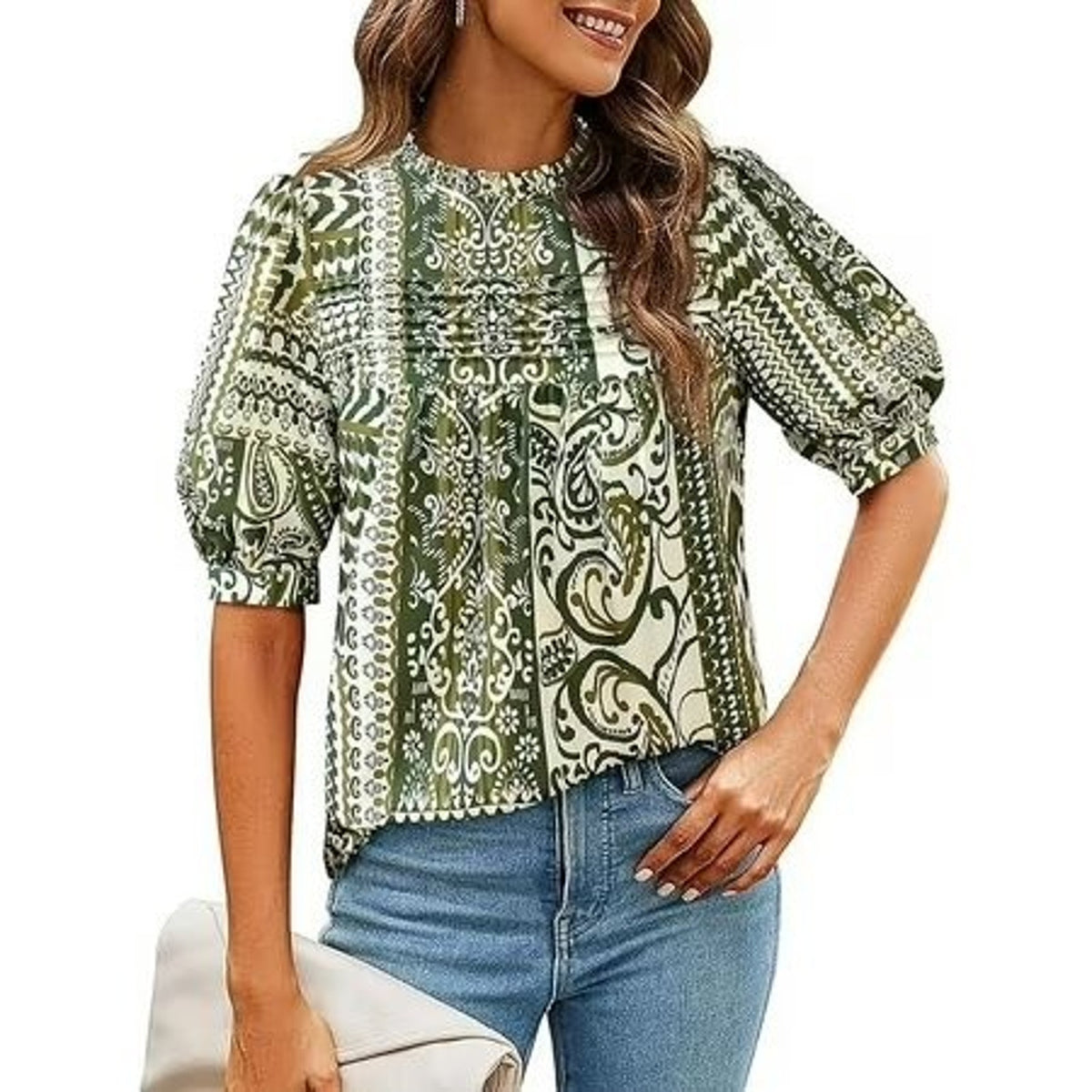 Prettygarden women's green floral short-sleeve blouse with a relaxed fit, featuring a feminine floral print and V-neck design.