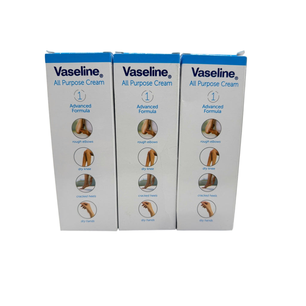 Three Vaseline Intensive Care All Purpose Cream tubes shown, featuring white containers with blue and yellow labels.