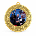 Reverse medallion featuring a Trump fight-president portrait from Republic Mercantile, showcasing detailed presidential imagery.