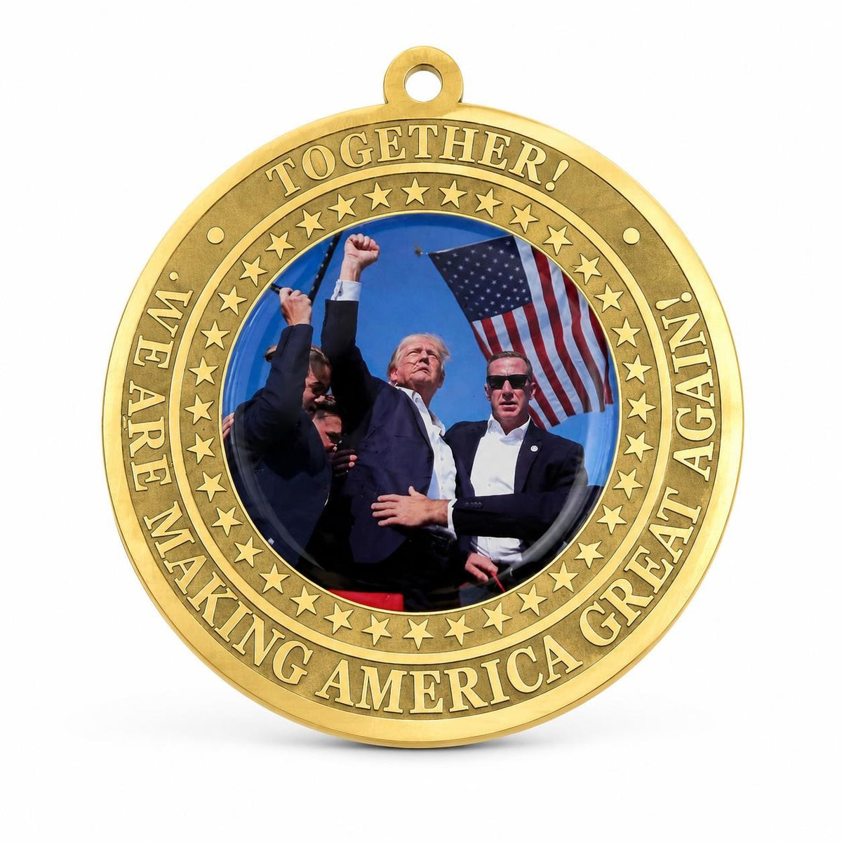 Reverse medallion featuring a Trump fight-president portrait from Republic Mercantile, showcasing detailed presidential imagery.