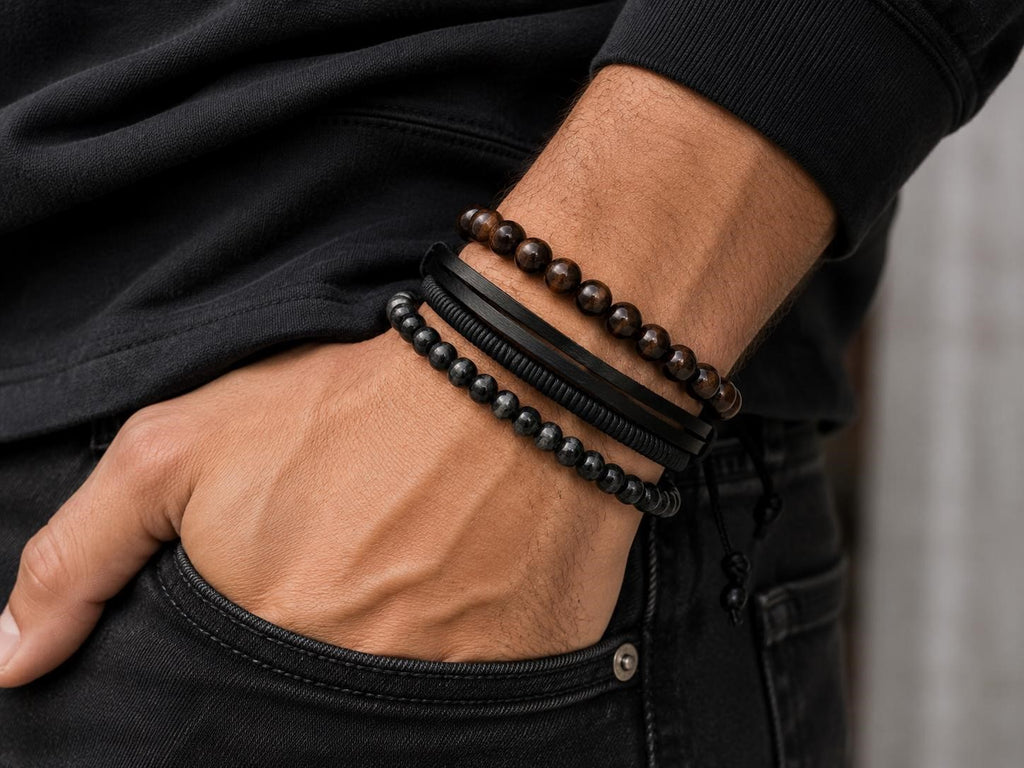 Handcrafted three-strand leather and bead bracelet by Republic Mercantile featuring natural leather and colorful beads.