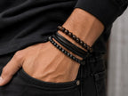 Handcrafted three-strand leather and bead bracelet by Republic Mercantile featuring natural leather and colorful beads.