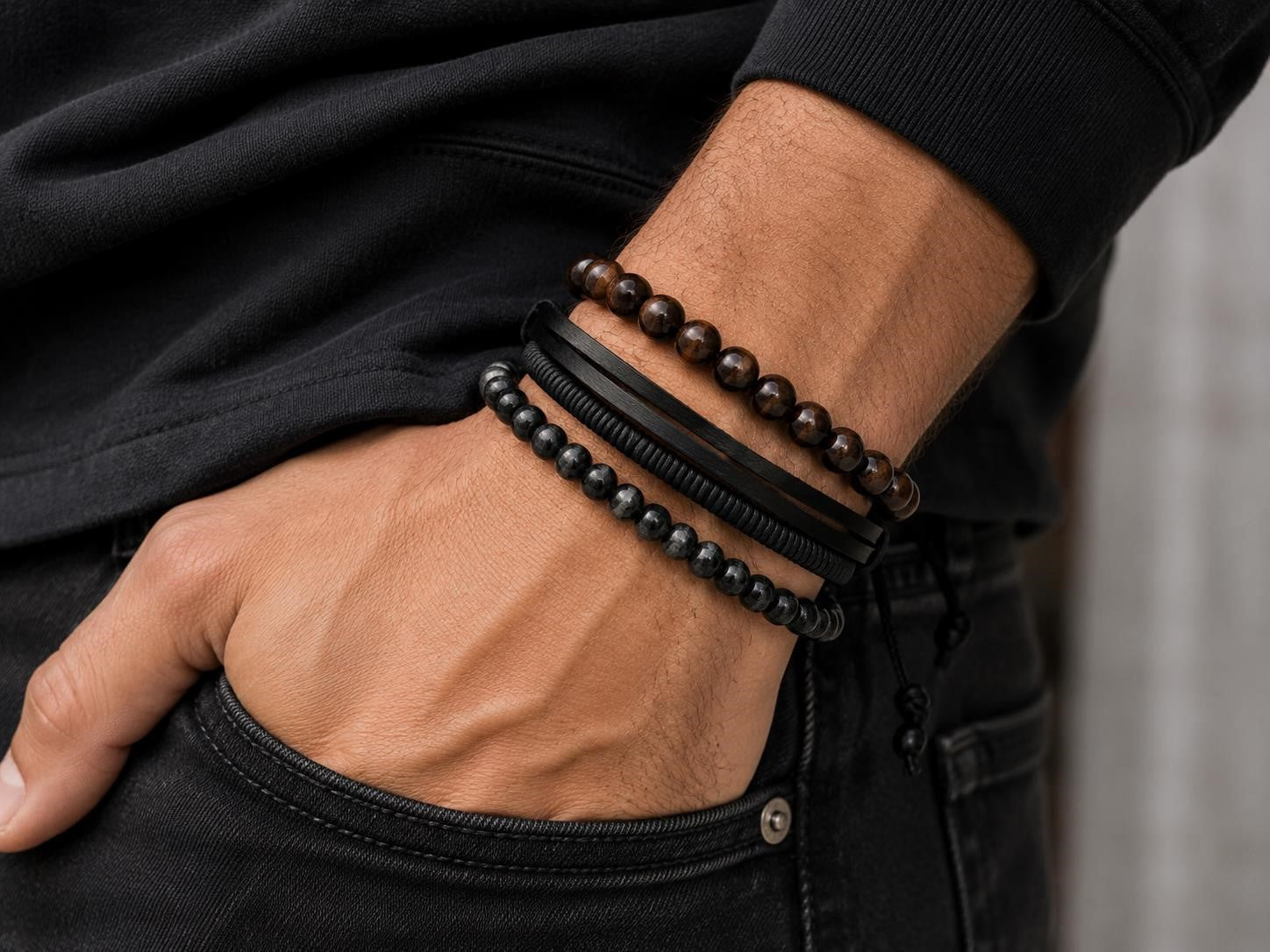 Handcrafted three-strand leather and bead bracelet by Republic Mercantile featuring natural leather and colorful beads.