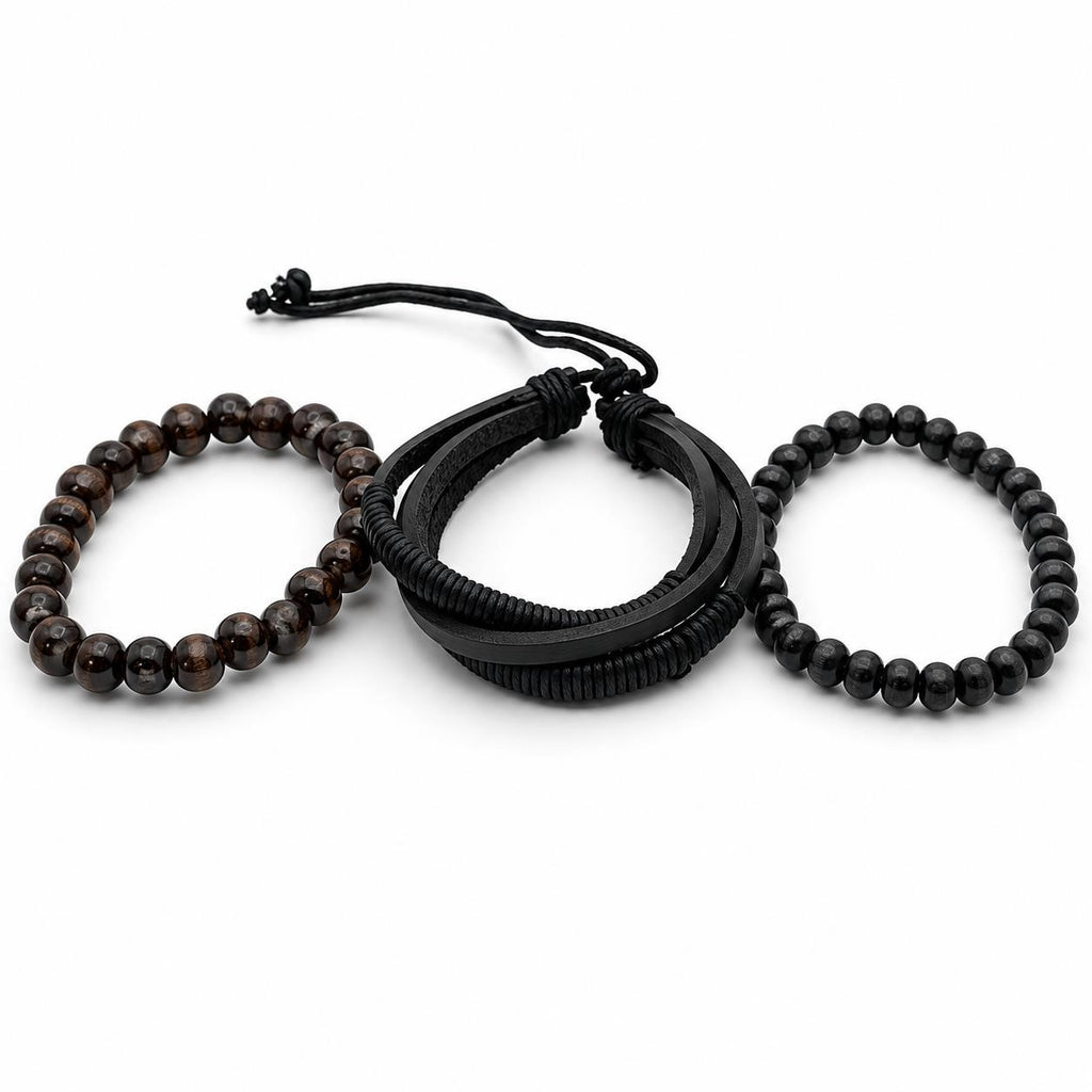 Handcrafted three-strand leather and bead bracelet by Republic Mercantile, featuring natural leather and decorative beads.