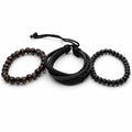 Handcrafted three-strand leather and bead bracelet by Republic Mercantile, featuring natural leather and decorative beads.