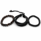 Handcrafted three-strand leather and bead bracelet by Republic Mercantile, featuring natural leather and decorative beads.