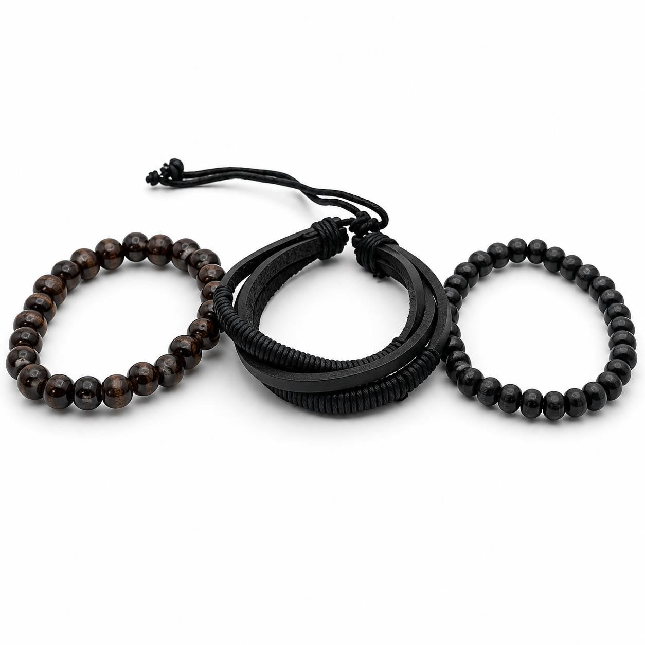 Handcrafted three-strand leather and bead bracelet by Republic Mercantile, featuring natural leather and decorative beads.