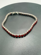 Red crystal silver tone fashion bracelet with clasp lock, stylish jewelry by Republic Mercantile, close-up view.