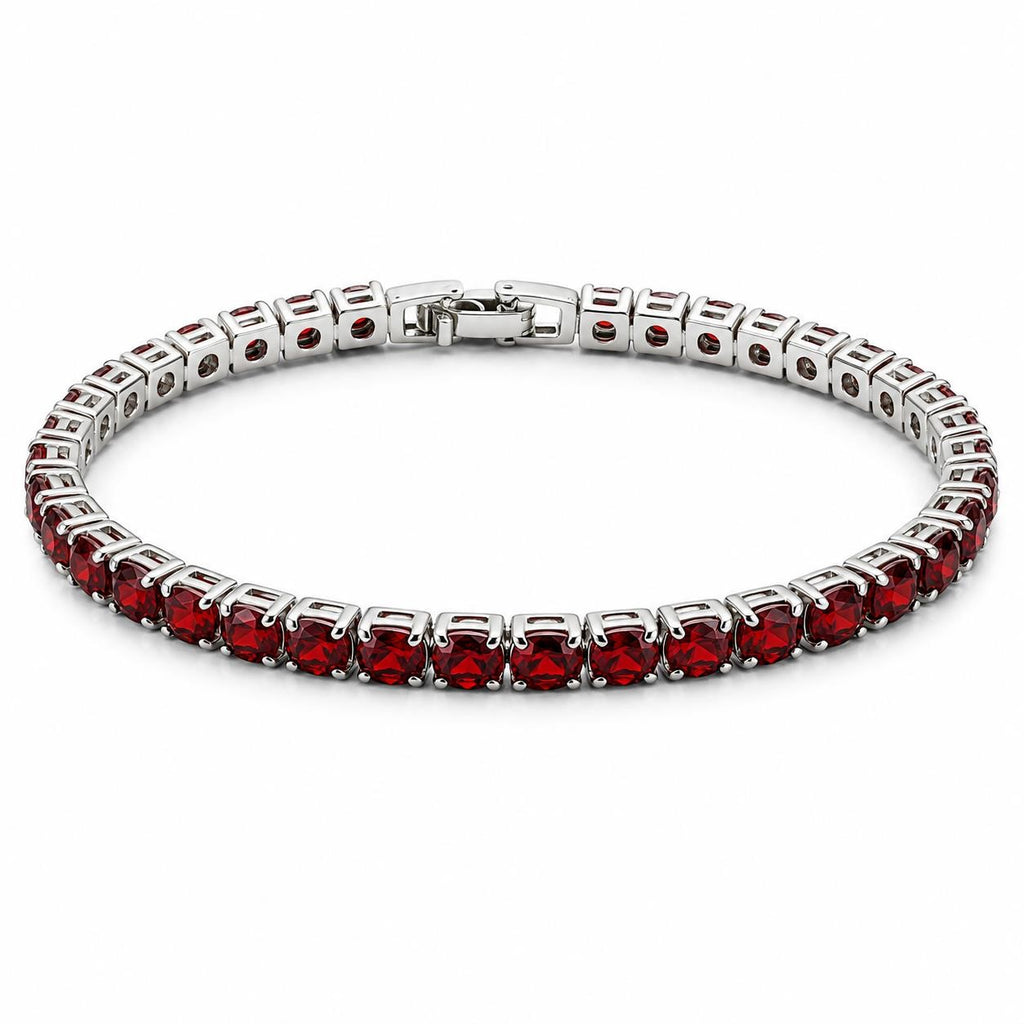Red crystal silver-tone fashion bracelet with clasp lock, stylish jewelry piece featuring sparkling red stones and elegant silver finish.