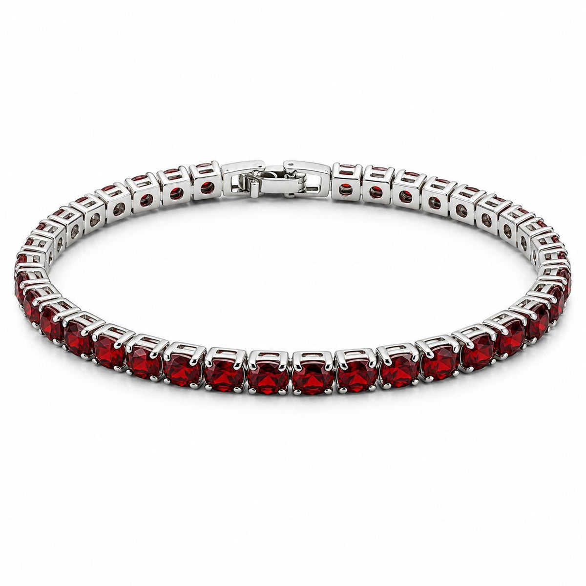 Red crystal silver-tone fashion bracelet with clasp lock, stylish jewelry piece featuring sparkling red stones and elegant silver finish.