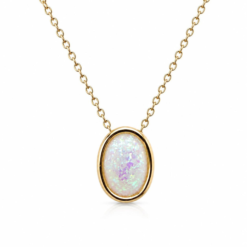 Iridescent opal-style oval pendant necklace with silver chain from Republic Mercantile, showcasing a shimmering, colorful gemstone pendant.