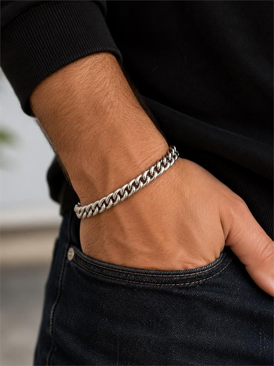 Men's stainless steel Cuban link bracelet by Republic Mercantile, showing the polished, interlocking chain design.