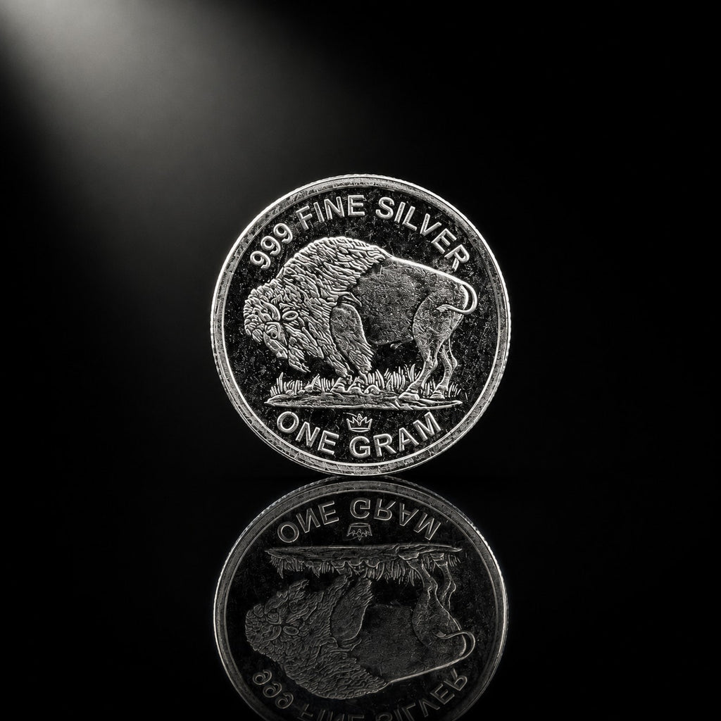 1 Gram .999 fine silver collectible coin featuring Buffalo Nickel design by Republic Mercantile, with detailed imagery of the coin's front.