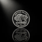 1 Gram .999 fine silver collectible coin featuring Buffalo Nickel design by Republic Mercantile, with detailed imagery of the coin's front.