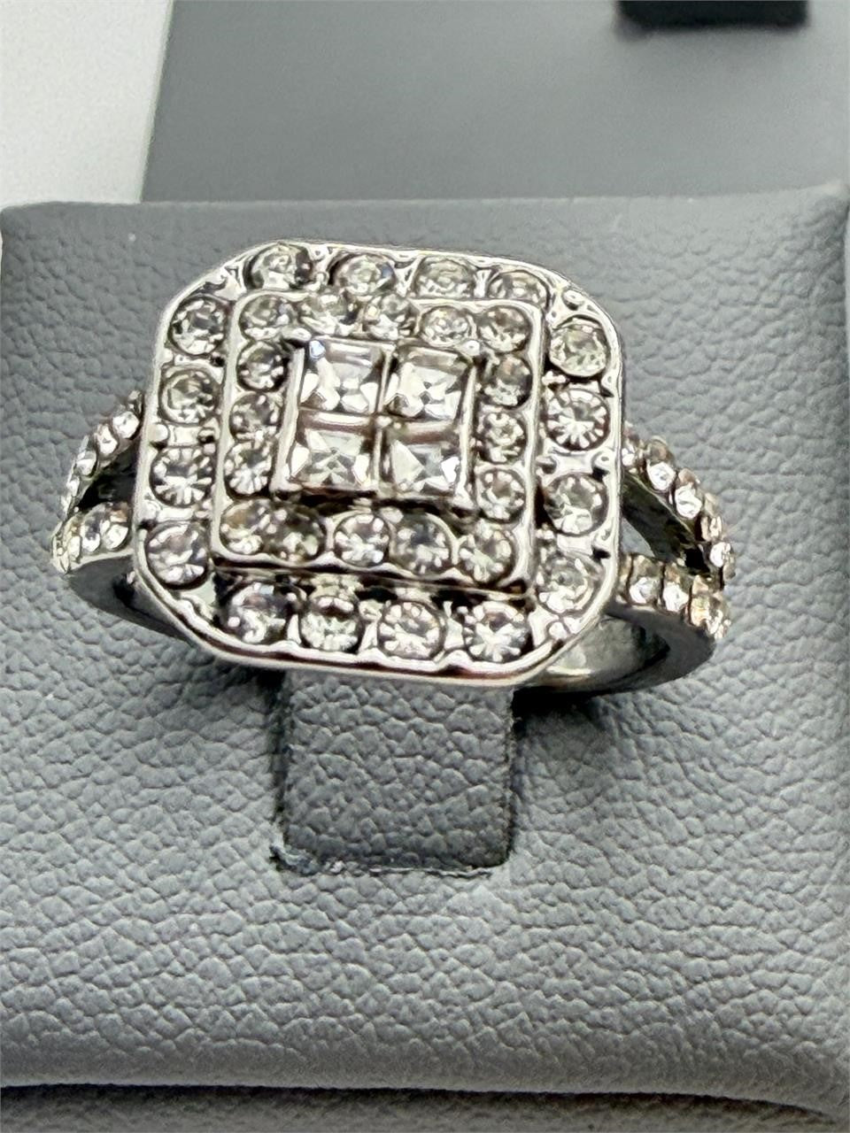 Sterling silver ladies CZ dinner ring in size 6.25 featuring sparkling cubic zirconia stones, from Republic Mercantile.