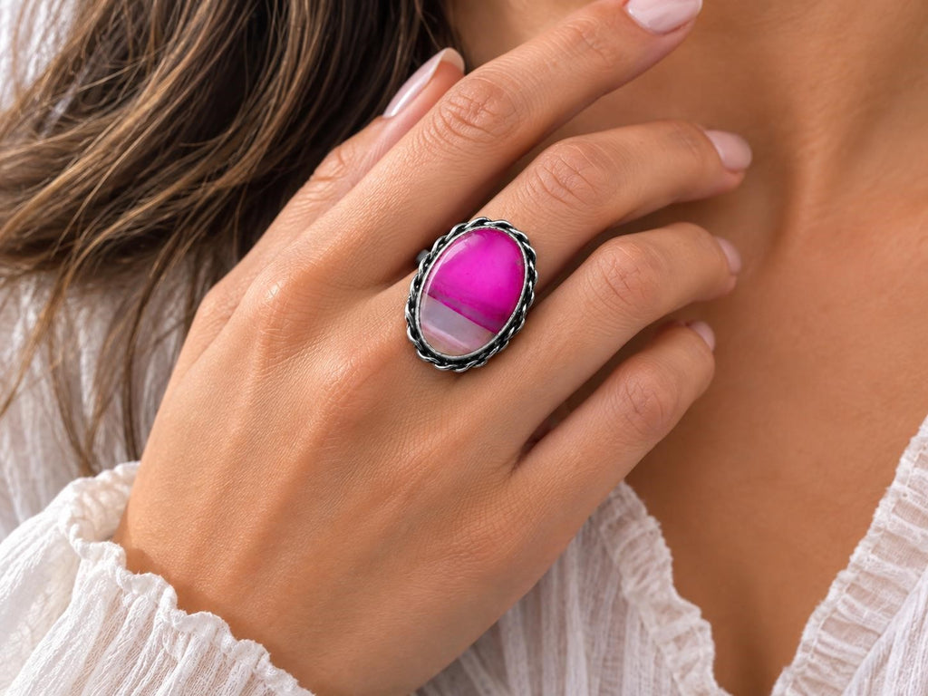 Sterling silver ring with pink banded agate stone, size 5.75, by Republic Mercantile, featuring a polished oval gemstone setting.