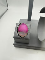 Sterling silver ring with pink banded agate stone, size 5.75, from Republic Mercantile, showcasing detailed silver setting and vibrant stone.