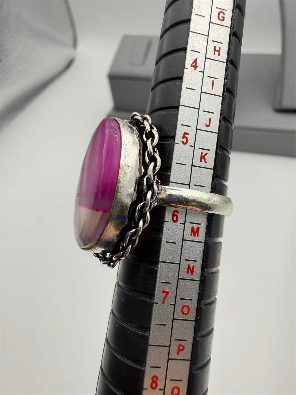 Sterling silver ring with pink banded agate stone, size 5.75, designed by Republic Mercantile for elegant jewelry.