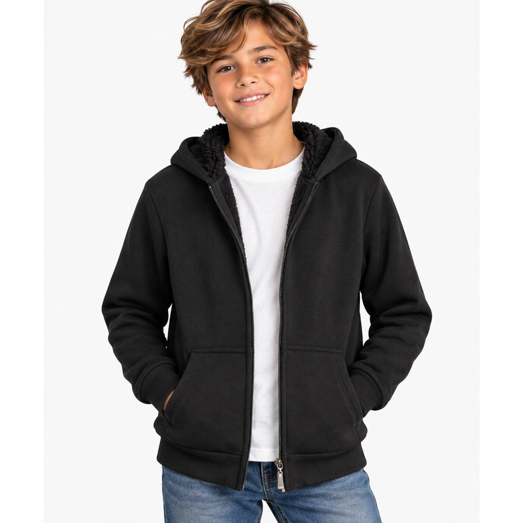 Coney Island boys' black sherpa-lined zip hoodie, size 10-12, featuring a cozy fleece interior and front zipper closure.