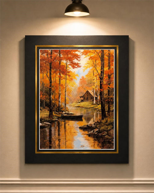 12x16 inch canvas art print of a cabin, mounted on black mat, displayed in a 16x20 portfolio by Republic Mercantile.