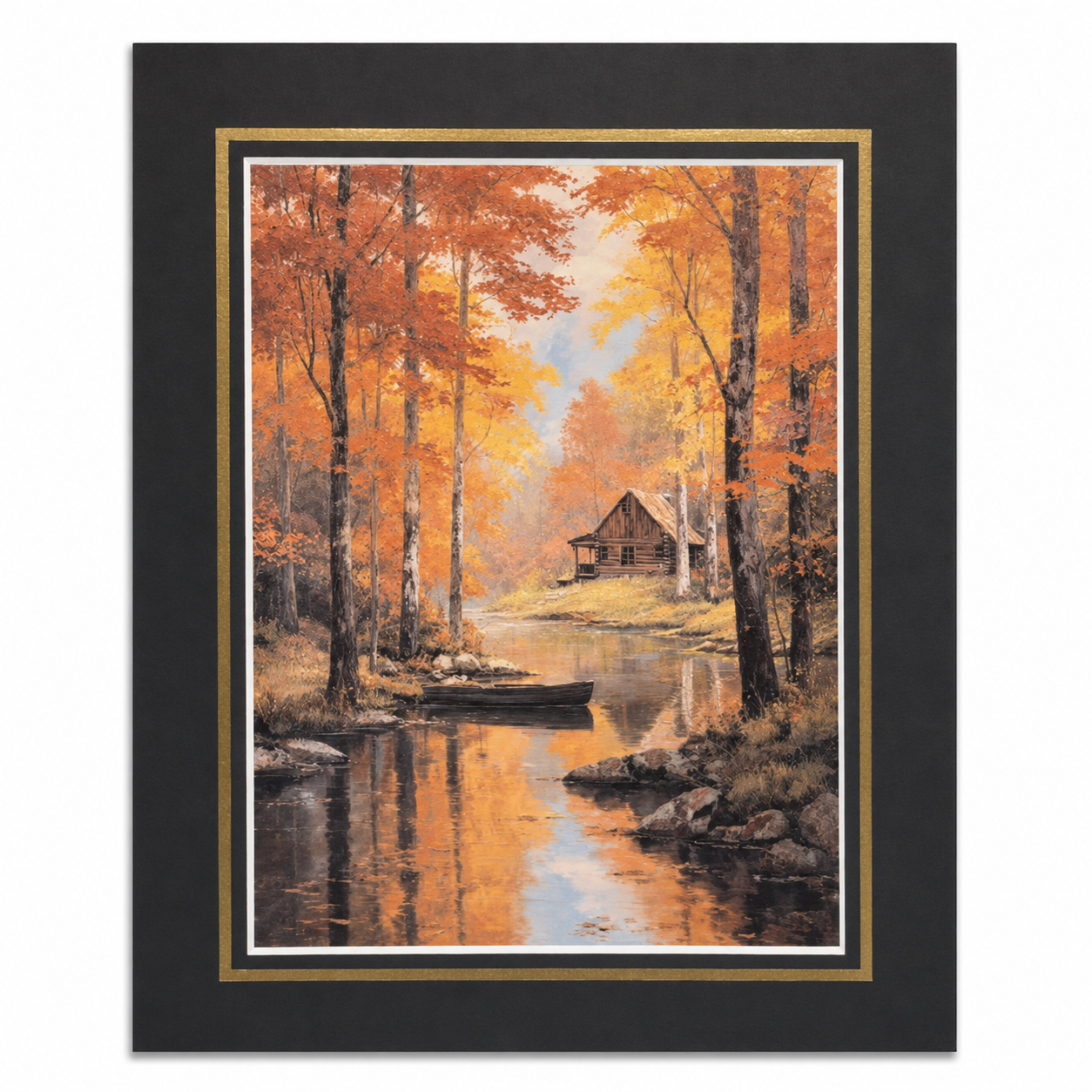 12x16 inch art print of a cabin on canvas, framed with a 16x20 black mat in a Republic Mercantile portfolio display.