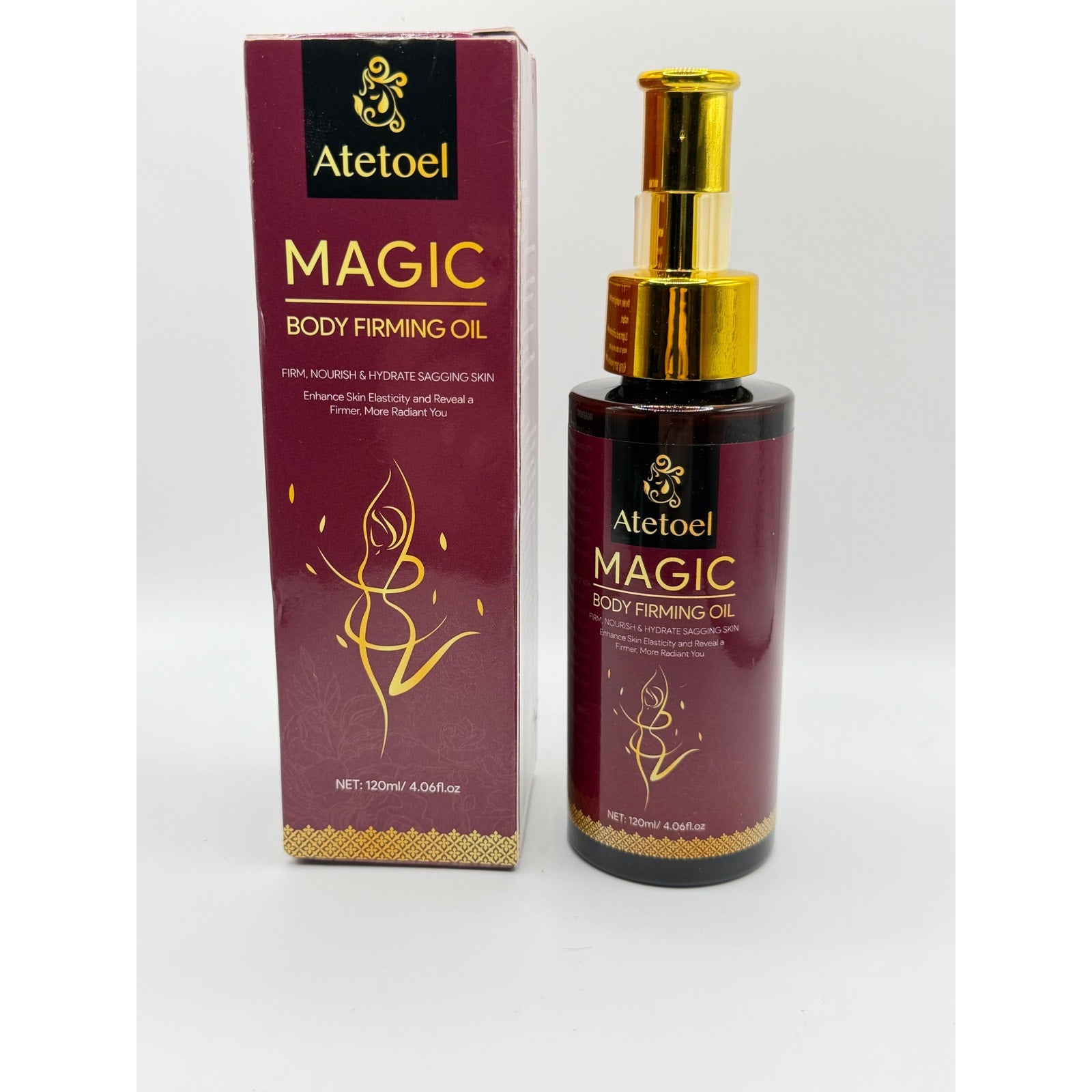 Atetoel Magic Body Firming Oil in a 4.06fl oz bottle, featuring a sleek design and clear labeling.