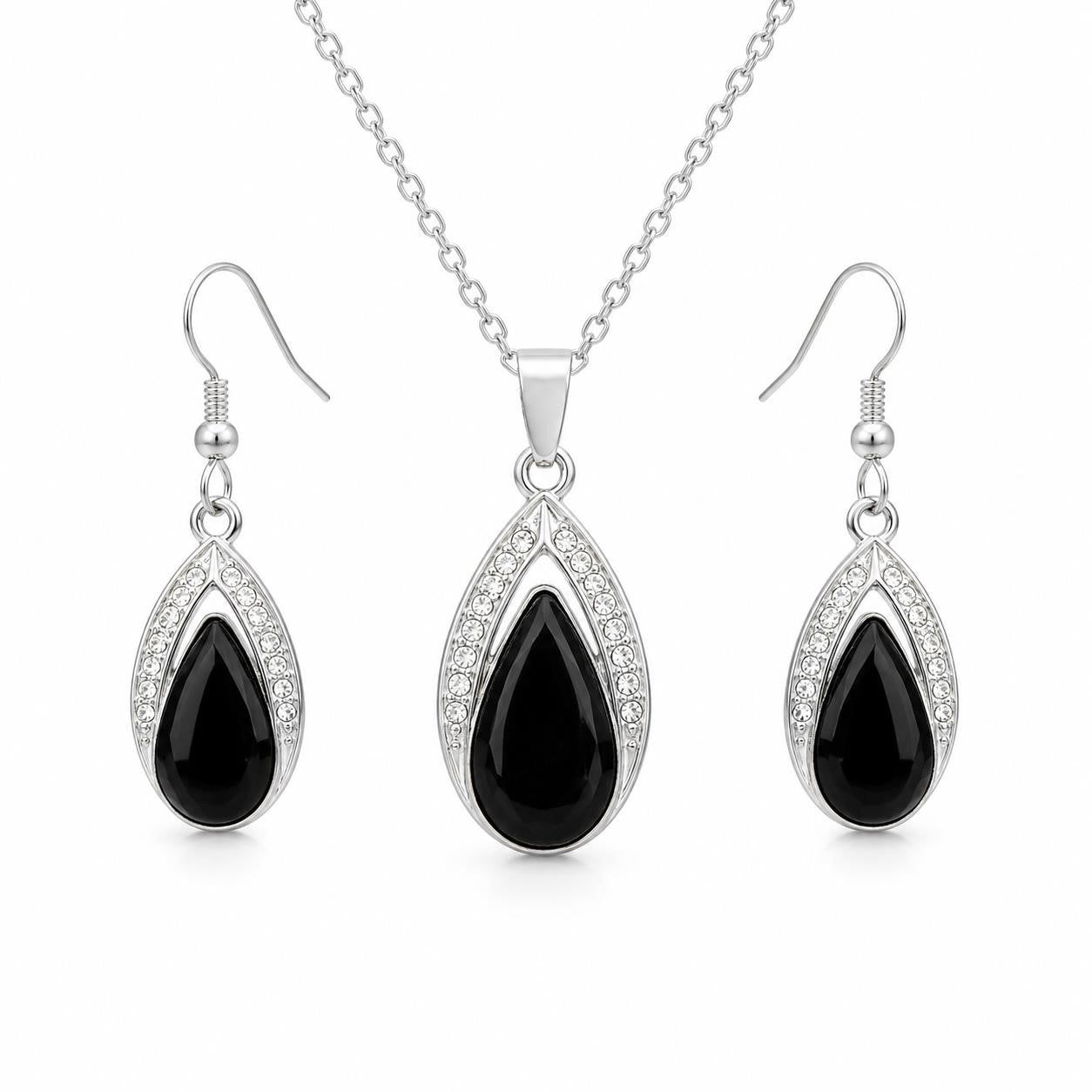 Black onyx teardrop necklace and earring set featuring polished black stones from Republic Mercantile.