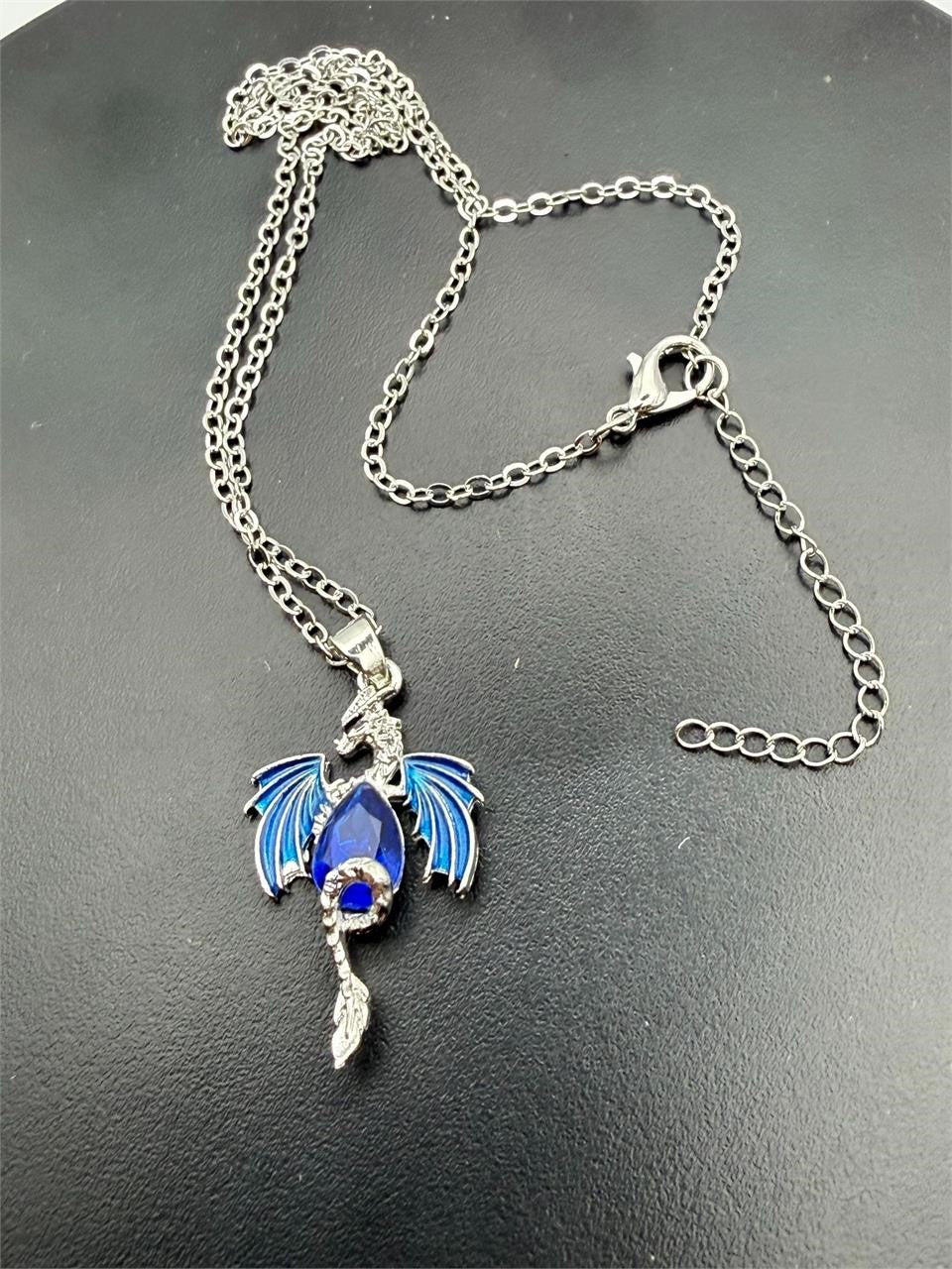 Blue dragon crystal pendant necklace, 18-inch chain, featuring a detailed dragon design, by Republic Mercantile.