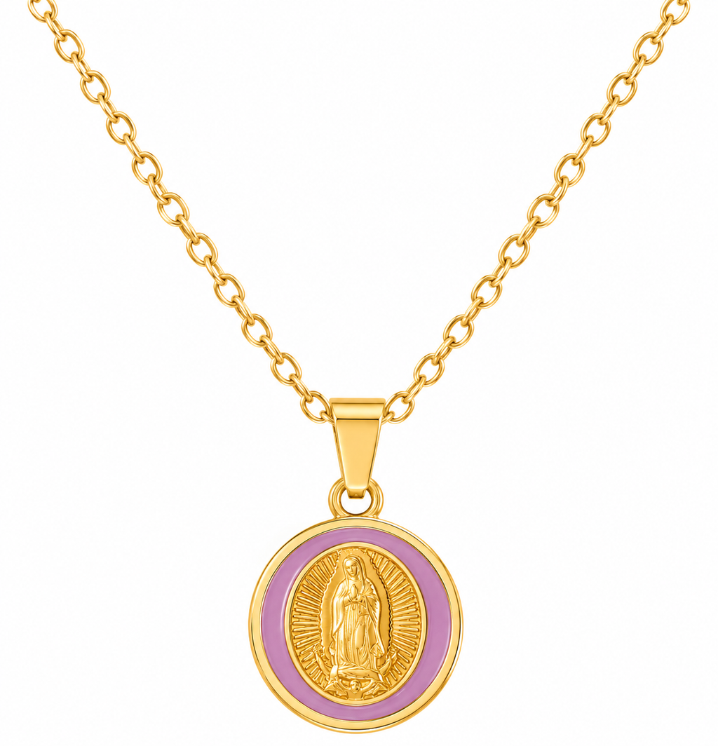 Virgin of Guadalupe pendant with detailed religious icon, attached to a golden chain, on a plain background.