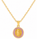 Virgin of Guadalupe pendant with detailed religious icon, attached to a golden chain, on a plain background.