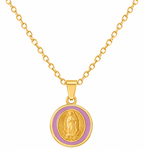 Virgin of Guadalupe pendant with detailed religious icon, attached to a golden chain, on a plain background.