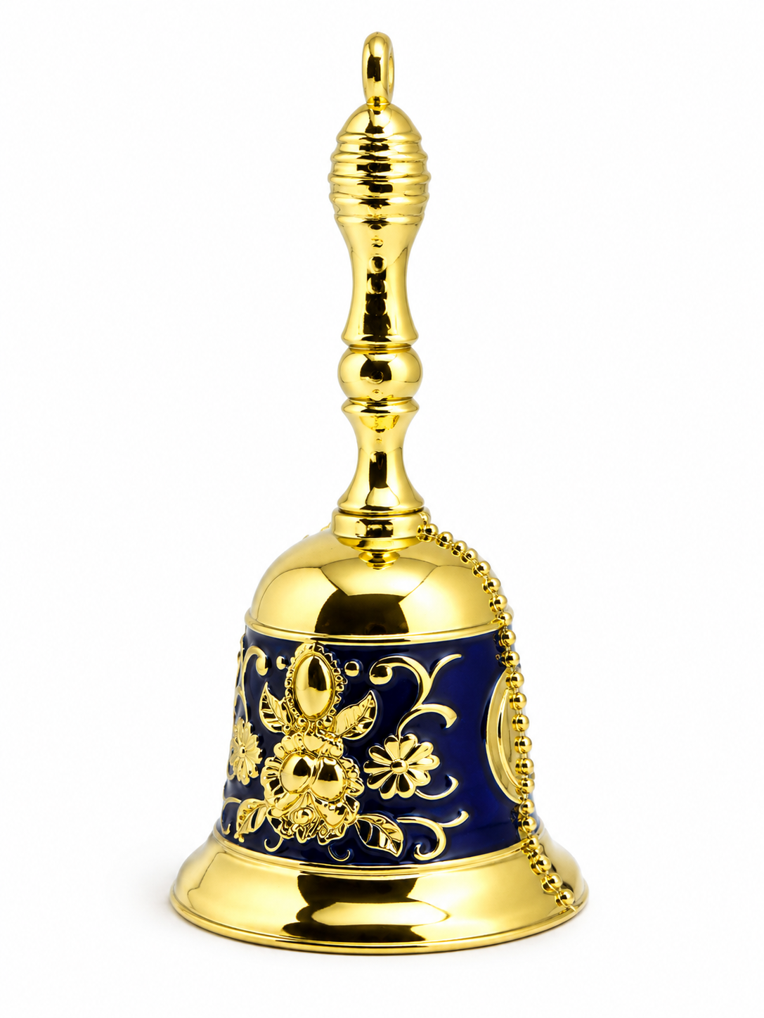 Brass bell with blue enamel accent, decorative Republic Mercantile jewelry or home decor piece featuring intricate design.