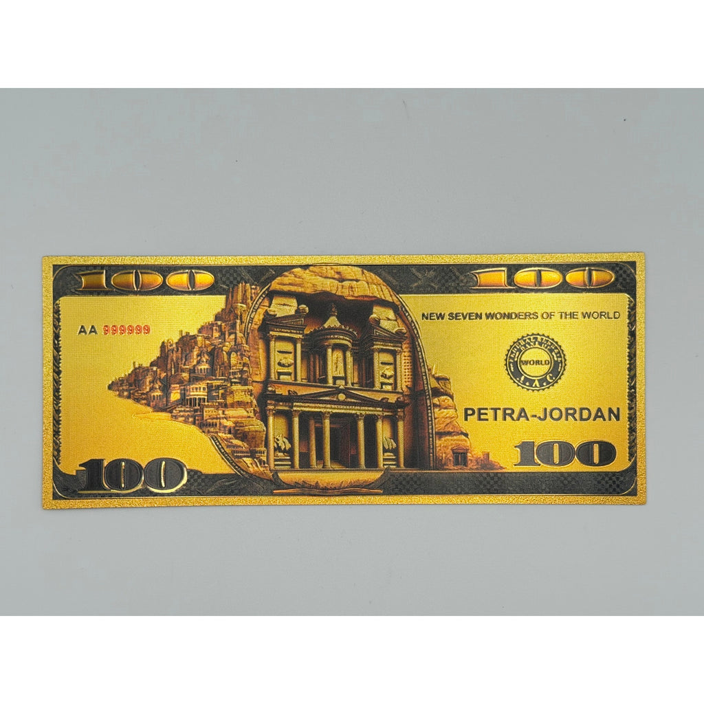 Set of seven gold foiled novelty notes featuring the 7 Wonders of the World by Republic Mercantile, displayed in a neat arrangement.