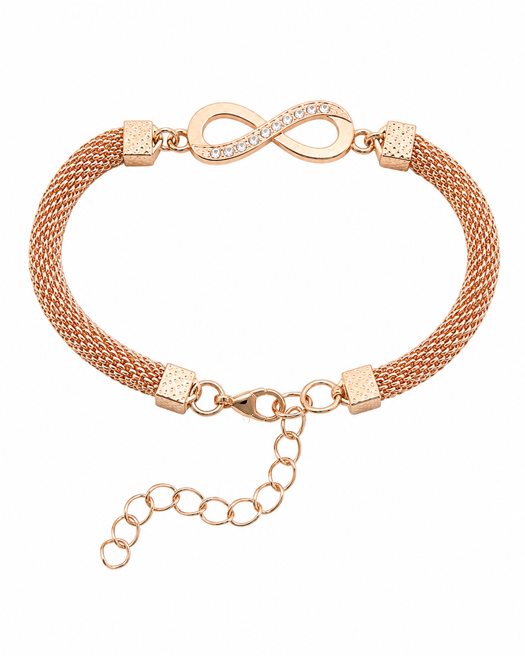 Rose gold figure 8 bracelet with sparkling CZ stones, stylish jewelry by Republic Mercantile.