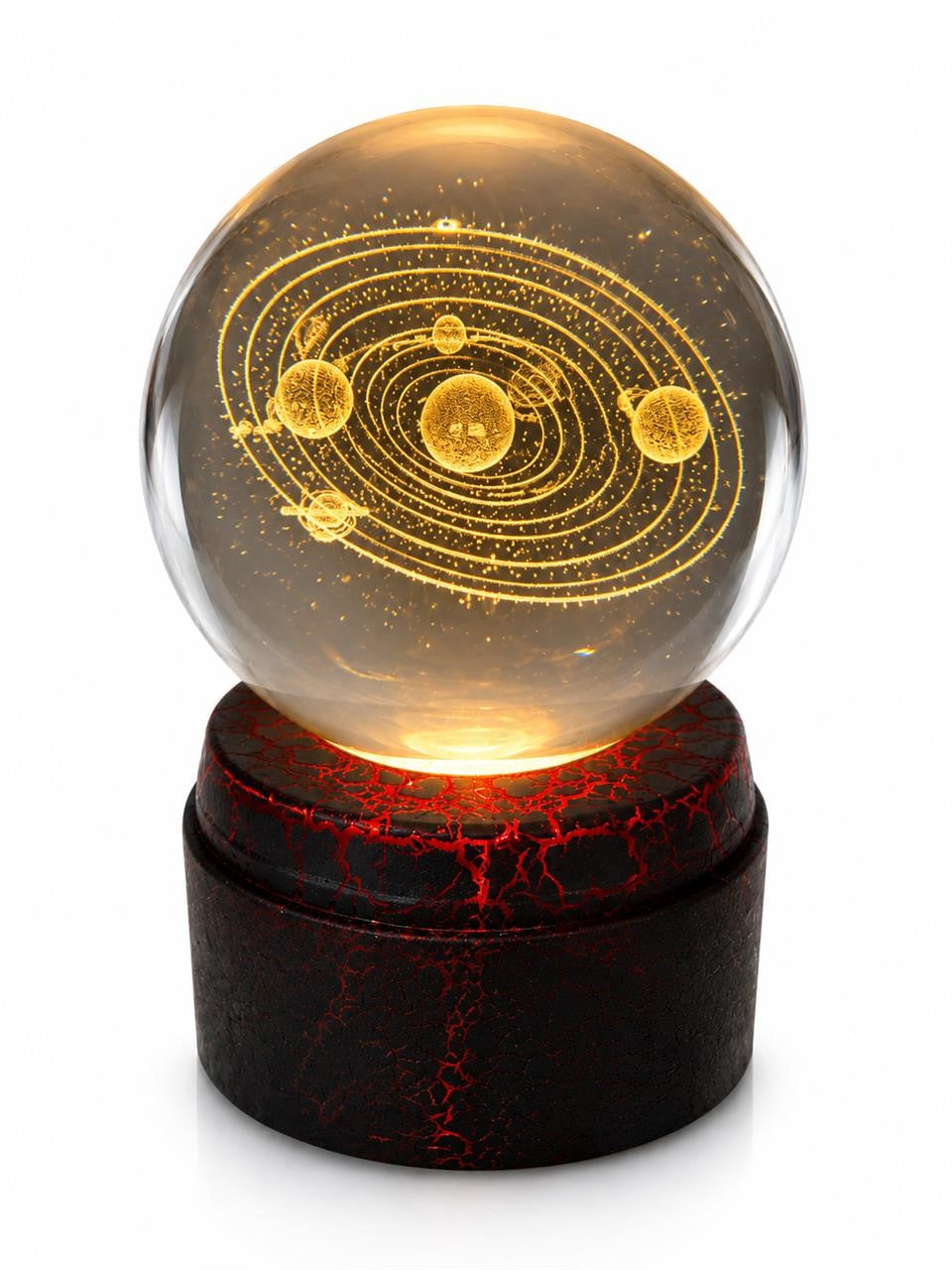 Etched crystal ball with LED lighting on a rotating stand, featuring intricate designs, by Republic Mercantile.