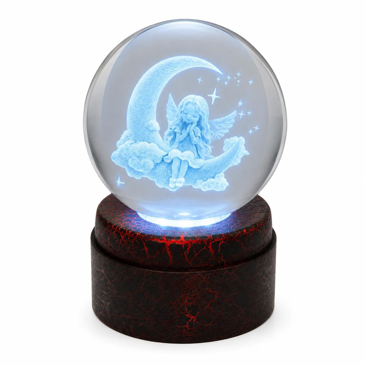 Etched crystal ball with LED lighting on a rotating stand, displayed by Republic Mercantile, showcasing intricate designs and illumination.