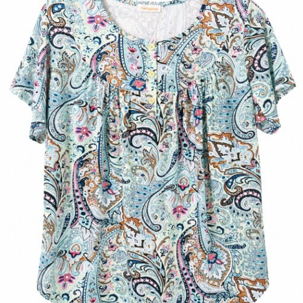 NEW Fantaslook Paisley Print Blouse Mint Multi XL Short Sleeve FREE Shipping