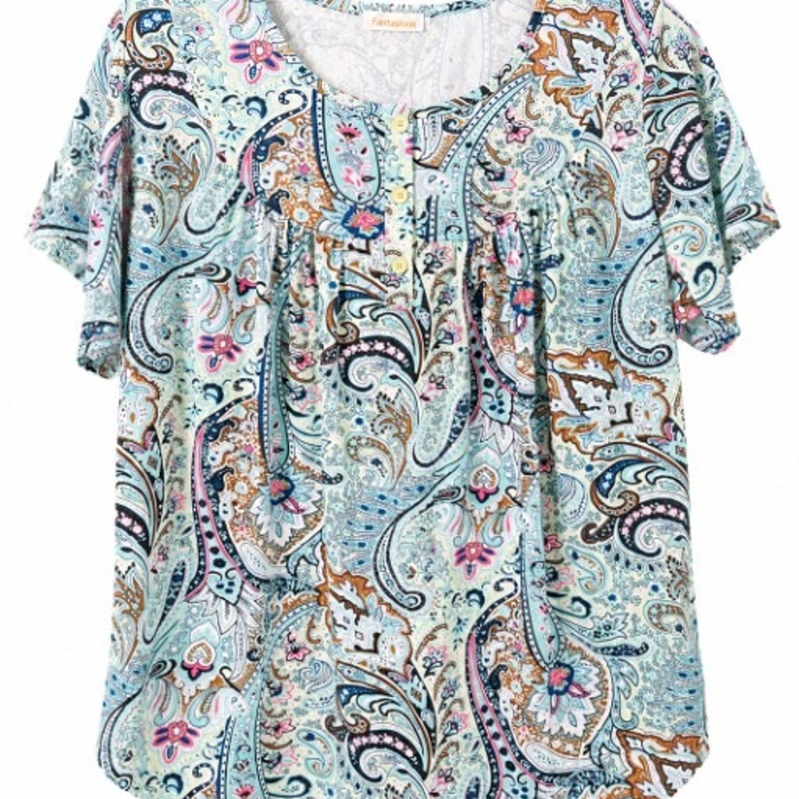 NEW Fantaslook Paisley Print Blouse Mint Multi XL Short Sleeve FREE Shipping