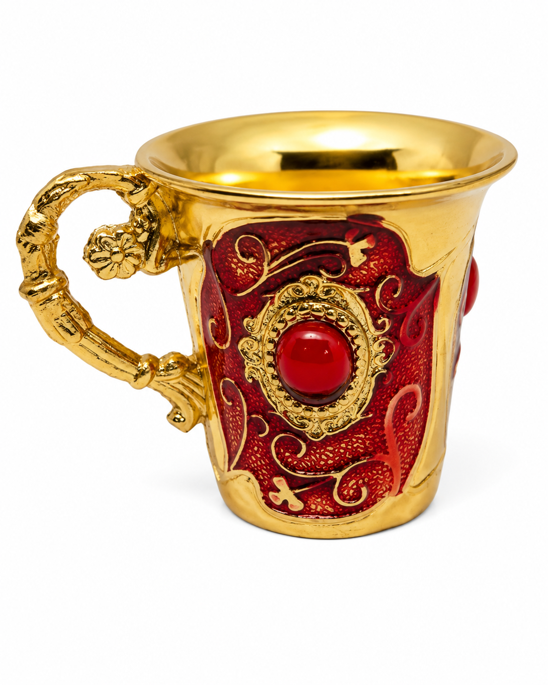 Red enamel and brass jeweled cup with red stones, decorative Republic Mercantile jewelry or craft accessory.