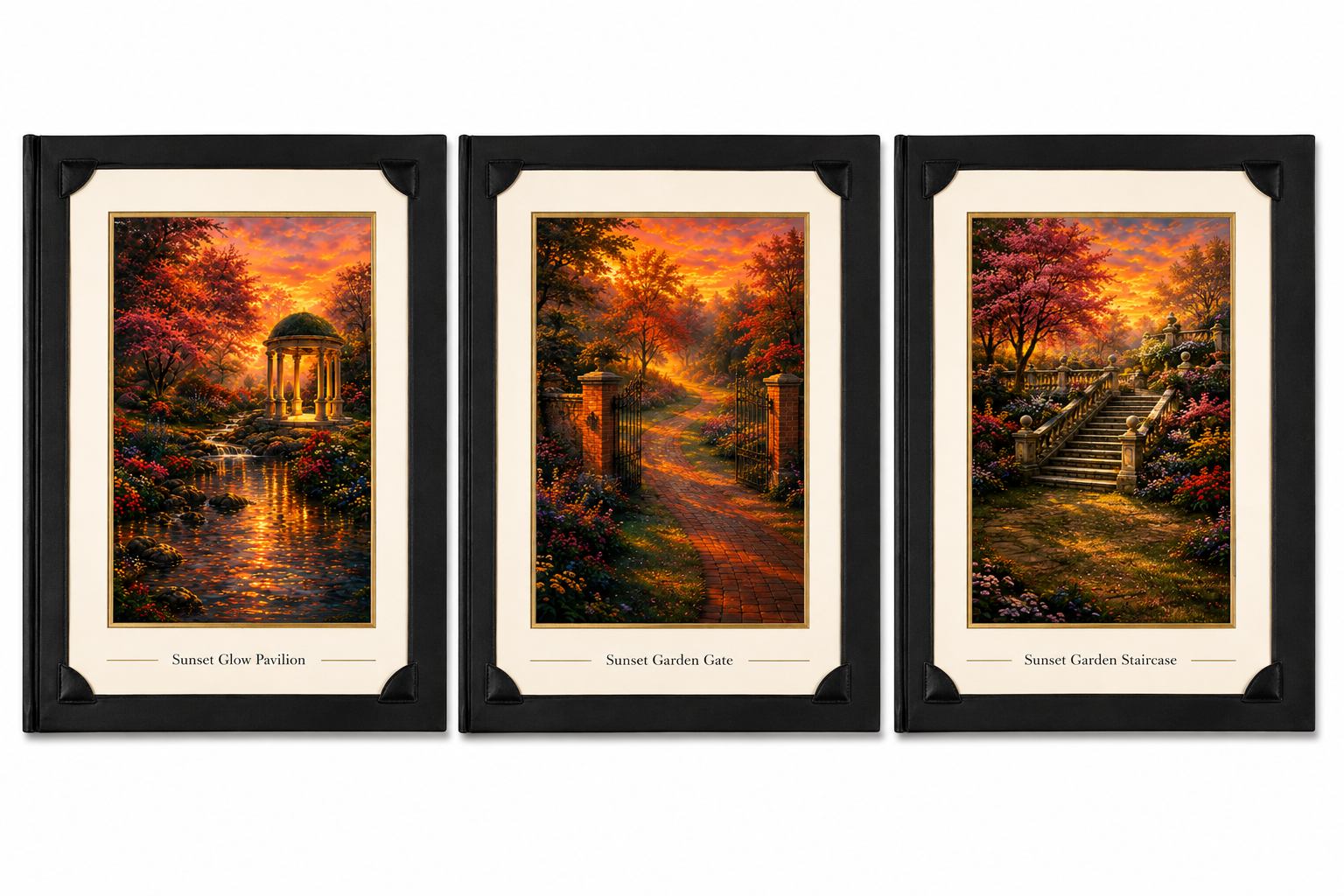 Three 8x10 inch luminous garden art prints in evening light, displayed in portfolio folders by Republic Mercantile.