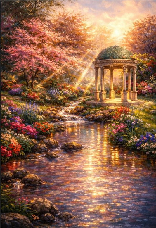 Three luminous 8x10 inch garden series art prints in portfolio folders by Republic Mercantile, showcasing evening light scenes.
