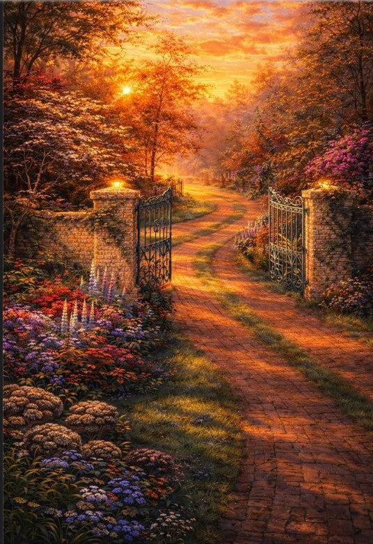 Three 8x10 inch luminous garden art prints from Republic Mercantile's Evening Light series in portfolio folders.